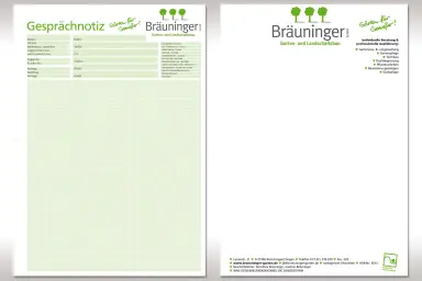 Gesprächsnotiz und Briefbogen Bräuninger Garten- und Landschaftsbau GmbH